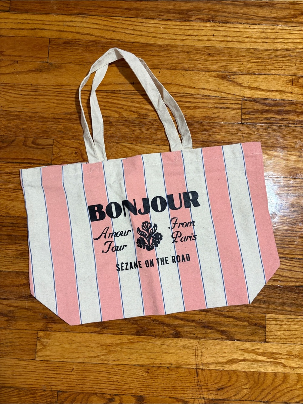 Sezane Pink Stripe 'Bonjour' Canvas Tote